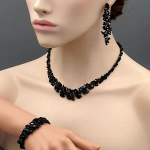 Collana donna cristallo getto nero orecchini bracciale matrimonio gioielli set 08486 - Foto 1 di 7