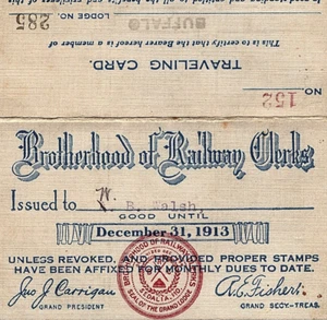 Tarjeta de membresía de la Unión de Secretarios Ferroviarios de 1913 estampillas de cuotas Buffalo NY - Imagen 1 de 4