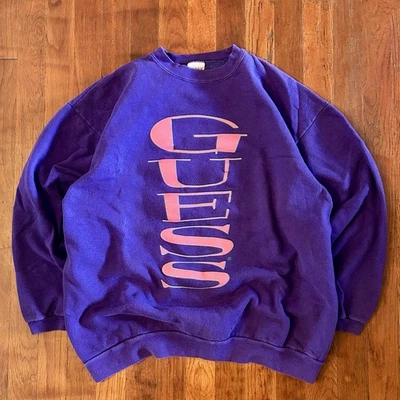 Винтажный свитшот Guess Georges Marciano 90-х с надписью фиолетовый розовый с круглым вырезом L - Изображение 1 из 4