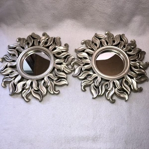 Pair Of Silver Tone Celestial 9.5” Round Sun Sunburst Mirrors Wall Decor Plastic - Picture 1 of 16