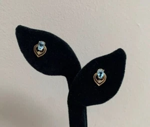 Beautiful 14k Yellow Gold Light Blue Topaz Heart Shaped Stud Earrings 1/2” - Picture 1 of 12