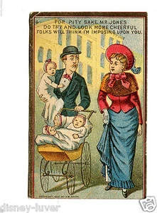 Victorian Trade Card WHAT BECAME OF DADDY Barnum Comic 1882 sample w prices - Picture 1 of 2