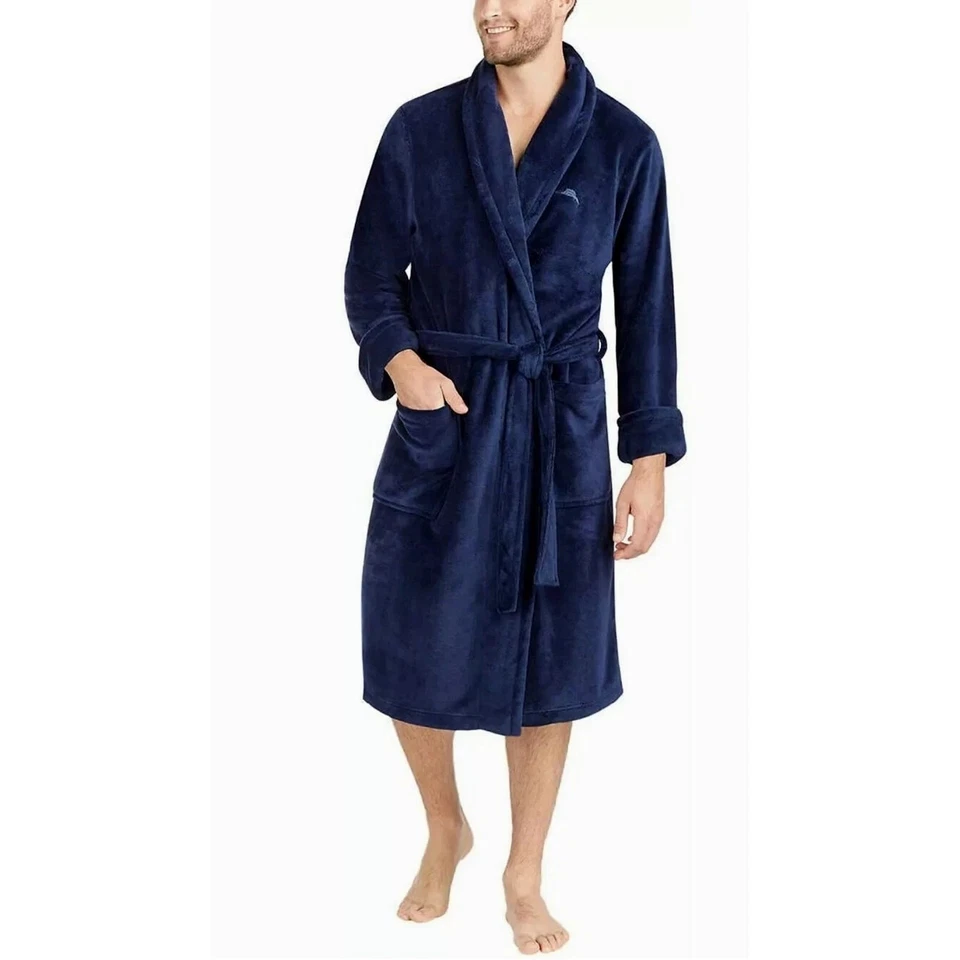 Tommy Bahama Men's Bathrobe Navy Blue Plush Fleece Robe Size S/m