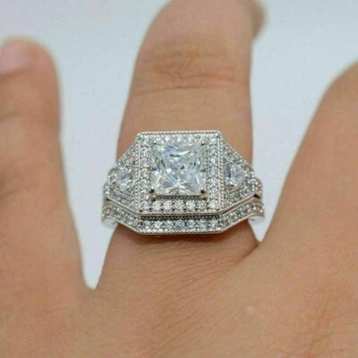 3Kt Prinzess Diamant Halo Hochzeit Ring Braut Set Verlobungsring Weißgold-Finish - Bild 1 von 4