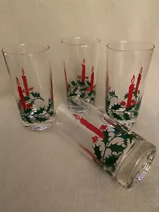 Vtg Christmas Glasses 4 Pc Tumblers Red Candles Holly Berry MCM Red and Green - Picture 1 of 12
