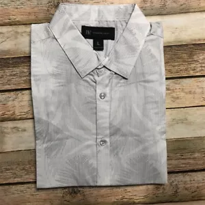 INC Mens Floral Plant Print Grey White Striped L Button Up Shirt - Picture 1 of 1