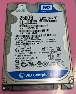 Western Digital WD2500BEVT-16A23T0 250GB SATA 2.5" HDD DCM HHCTJGNB 23SEP2011 - Image 1 of 2