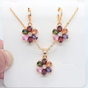 18K Yellow Gold Filled Multicolour Topaz Flower Women Engagement Jewelry Set - Picture 1 of 4