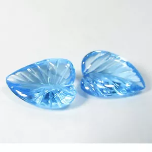 13.42Cts Natural Genuine Leaf Carving Swizz Blue Topaz Matching Pair - Picture 1 of 4