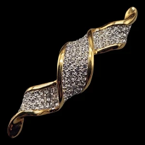 Vtg Swarovski Ribbon Crystal Brooch Twisted Clear Pave Rhinestone Gold Tone Pin - Picture 1 of 8