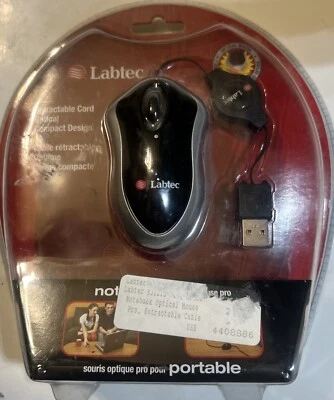 Labtec Wired  Optical Portable Mouse Retractable Cord 931213-0403 NOS Sealed - Image 1 of 3