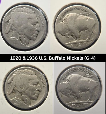 1920 & 1936 Buffalo Nickel G-4 Indian Head 5c | Vintage US Coins - Circulated - Image 1 of 4