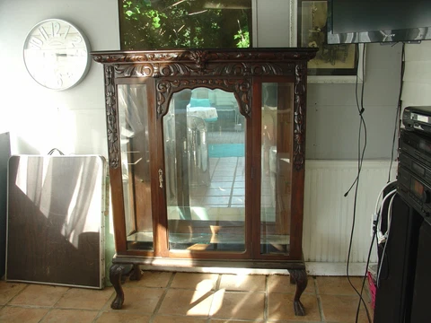 Antique Carved Horner Style Mirrored Glass Cabinet Figural 4 Ball Claw Legs Cover