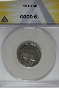 1918 .05 ANACS G 6 Buffalo Nickel, Indian Nickel, 5 Cent Piece - Picture 1 of 2