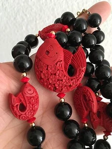 Gold Filled Large Black Onyx Bead With Chinese Red Lacquer Fish Beads Necklace - Picture 1 of 6