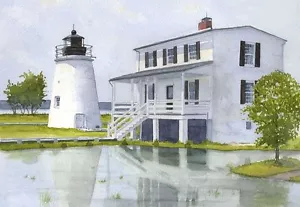 Faro Piney Point, Maryland Potomac Chesapeake. Tarjetas de notas de acuarela - Imagen 1 de 2
