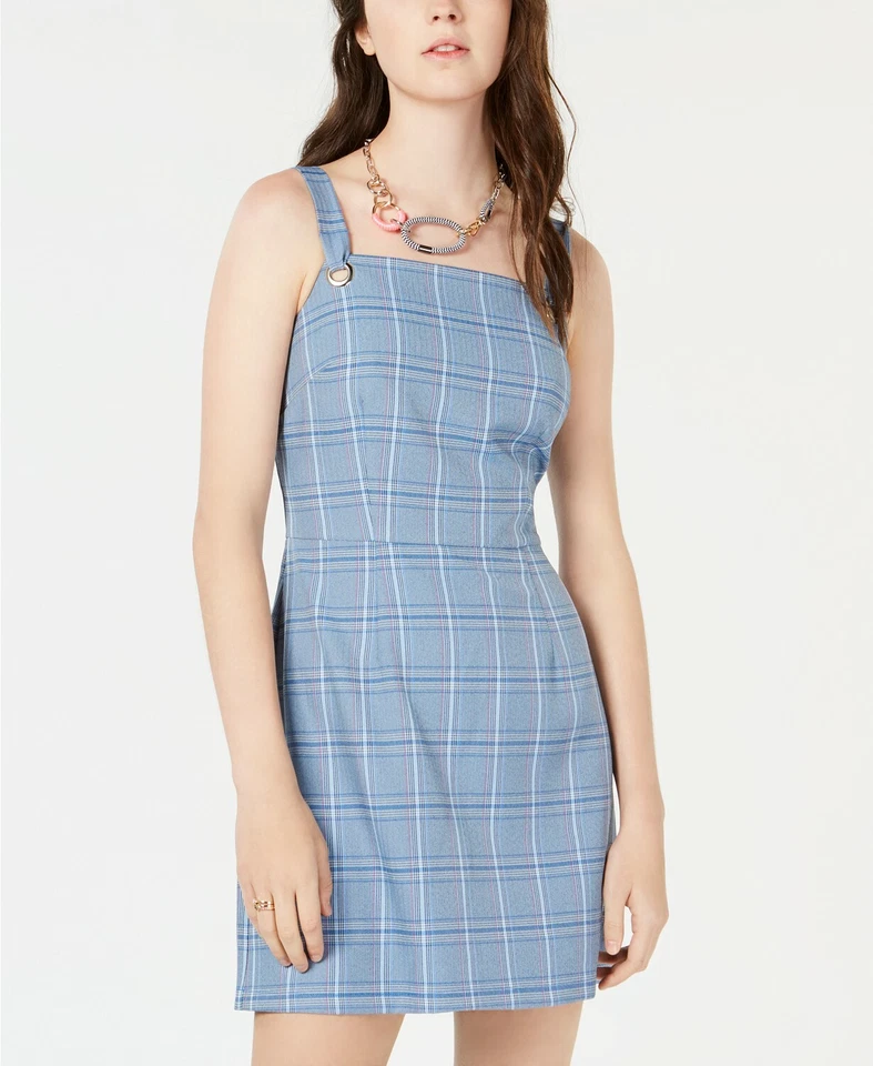 Bebop Juniors' Blue Plaid Print Square Neck Grommet Jumper Dress Size XL
