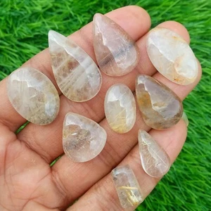 9 Pcs Natural Golden Rutile Quartz Cabochon Gemstone Wholesale Lot 14-31 mm - Picture 1 of 2