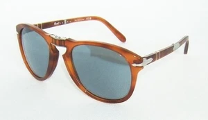 PERSOL PO0714SM 96/56 LIGHT HAVANA CRYSTAL BLUE STEVE McQUEEN FOLDING SUNGLASSES - Picture 1 of 11
