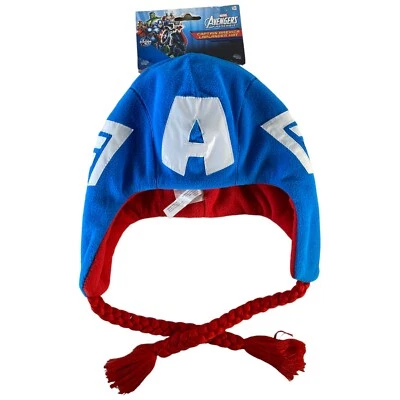 Marvel CAPTAIN AMERICAN Avengers Beanie Laplander Hat Fleece NEW Kids Blue Red - Image 1 of 4