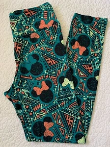 LuLaRoe Leggings OS Disney Aztec Minnie Mouse Heads Black Coral on Cream & Teal - Picture 1 of 2