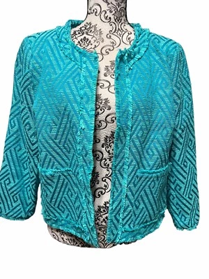 River Island Women’s Size 14 Turquoise Cropped Tweeds/Fringe Blazer Jacket Open - Image 1 of 4