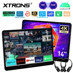 2X 14" QHD Rotatable Screen Android 4+64G Car Headrest Monitor Player+Headphones - Picture 1 of 24