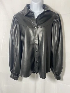 Zara black faux leather button up blouse puff long sleeve, size medium - Picture 1 of 5