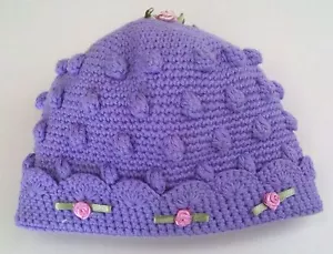 Gorro de ganchillo bebé recién nacido mano y corazón - lila - algodón - nuevo - raro - Imagen 1 de 4