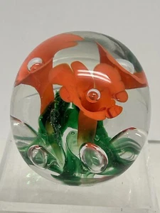 St Clair Glass Paperweight Controlled Bubble Orange Flower - Picture 1 of 10