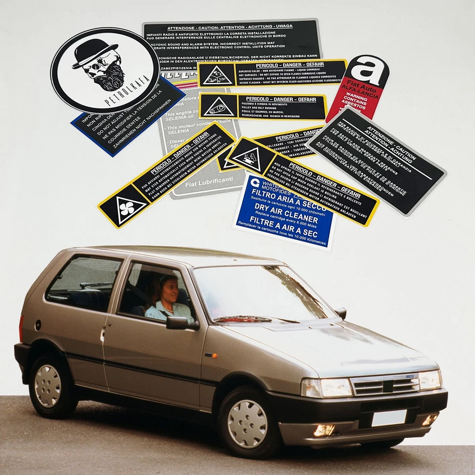 Pegatinas de advertencia y precaución del motor Fiat Uno restauración - Etiquetas de alta calidad Foto 1 de 4