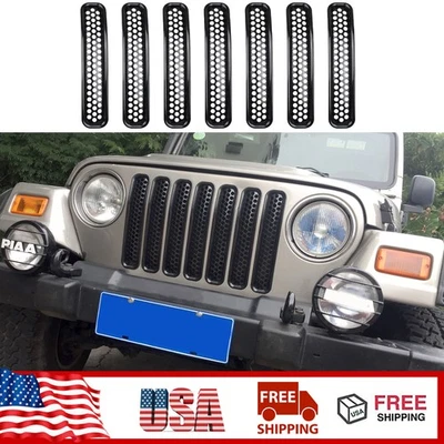 7PCS Black Clip-in Front Grill Mesh Grille Insert Kit For Jeep Wrangler TJ 1997+ - Image 1 of 4