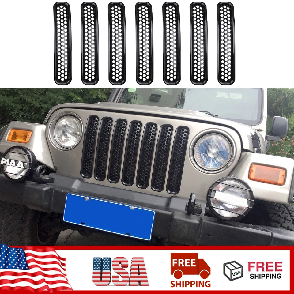 7PCS Black Clip-in Front Grill Mesh Grille Insert Kit For Jeep Wrangler TJ 1997+ - Изображение 1 из 4