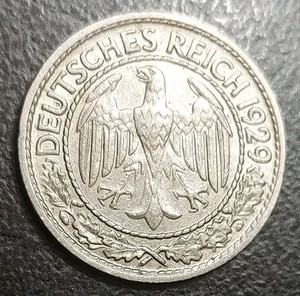 1929-A Germany Weimar Republic 50 Reichspfennig Pfennig Coin KM 49 - Picture 1 of 2
