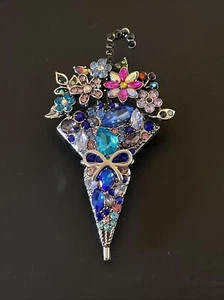 Umbrella Brooch Pin BEAUTIFUL JEWELED RHINESTONE purple rain showers 3-D - Picture 1 of 14