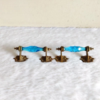 Par de manijas de puerta victorianas de vidrio corte azul aguamarina latón original vintage 19c M914 Foto 1 de 4