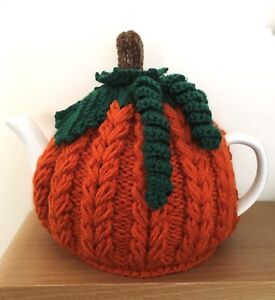 Handmade Knitted  Pumpkin Tea Cosy for a standard tea pot (crocheted leaves)