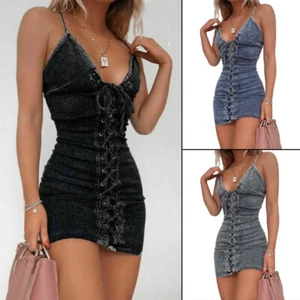 Denim Cami Ladies Elastic Stretch Bodycon Womens Causal Jean Mini Dress Skirt US - Picture 1 of 12
