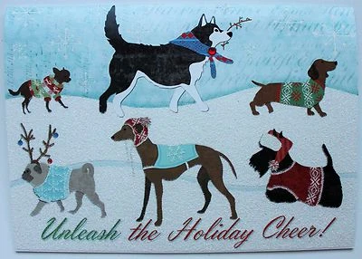 *PUNCH STUDIO Set of 4 Glitter Christmas Cards~Unleashed~Dogs~Terrier~Scotty~Pug - Image 1 of 4