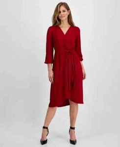 Connected Long-Sleeve Tied Wrap Dress, Garnet, SIZE-10 - Picture 1 of 2