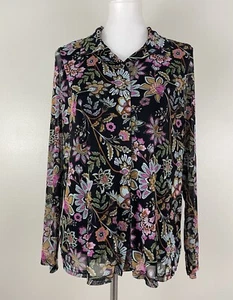 Camisa Jane and Delancey Malla Abotonada Negra Floral Colorida Trabajo Informal Grande - Imagen 1 de 6