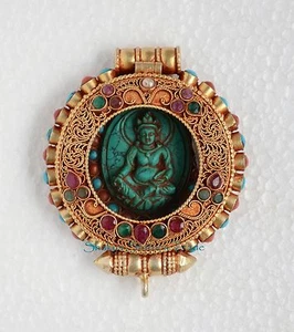 Silber vergoldet Türkis Koralle Steine Gau Ghau Gebetskasten Anhänger aus Nepal - Bild 1 von 6