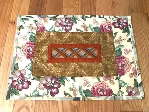 Quilted Table topper or mat, tan, orange, pink flowers, new 21 x 15 - Picture 1 of 6