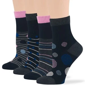 Women Bamboo Diabetic Pattern Quarter Socks Medium 4 Pack Dot Stripe Grey Black - Picture 1 of 13