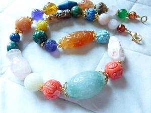 Gorgeous Chinese Carved Gemstone Shou Bead Necklace, Carnelian, Malachite, Lapis - Picture 1 of 4