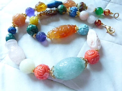 Gorgeous Chinese Carved Gemstone Shou Bead Necklace, Carnelian, Malachite, Lapis - Image 1 of 4