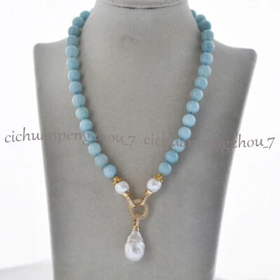Natural Blue Aquamarine Gems Beaded White Keshi Baroque Pearl Pendant Necklace - Image 1 of 4