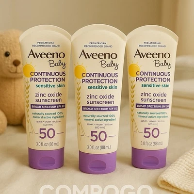 3 Aveeno Baby Sensitive Protección Continua Protector Solar Óxido de Zinc SPF50 Exp 9/27 Foto 1 de 4