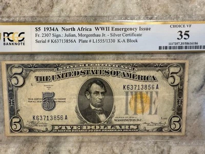1934A $5 North Africa WWII Emergency Issue Fr 2307 (PCGS VF35) - Image 1 of 4