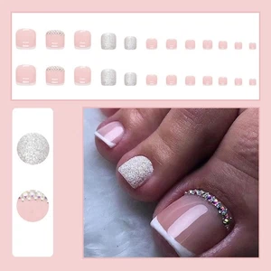 24 Pcs Glossy Toe Nails Red Shiny Glitter False Nails With Rhinestone GA - Picture 1 of 6